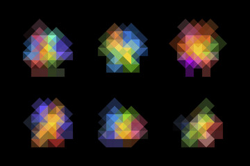 Set of colorful abstract patterns isolated on black. Modern pixel art. Flat vector design.