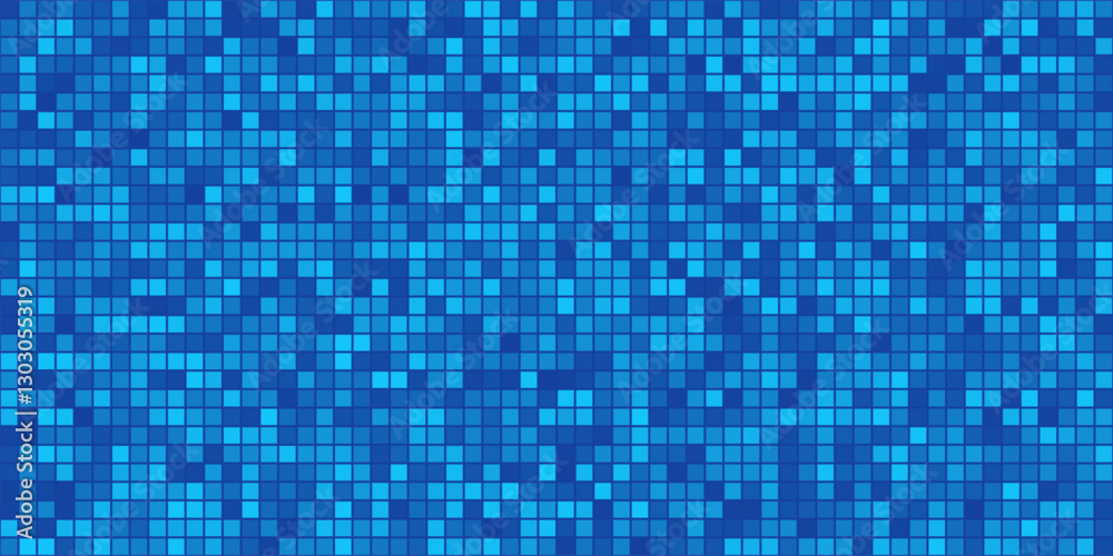 Poster Blue pixel background. Abstract digital pattern with square elements grid. Futuristic mesh with gradient effect. Geometric minimal digital design. Modern vector illustration.