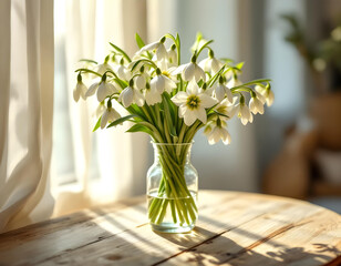 Snowdrop Flowers in Glass Vase on Wooden Table with Soft Sunlight
