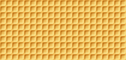 Waffle texture seamless background. Crispy square golden waffle pattern with soft shadows. Ice cream cone backdrop. Realistic vector illustration.