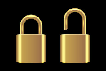 Fototapeta premium Metallic locks set. Golden closed and open padlocks isolated on black background. Safety and security concept. House protection. Game icons. Realistic vector illustrations.