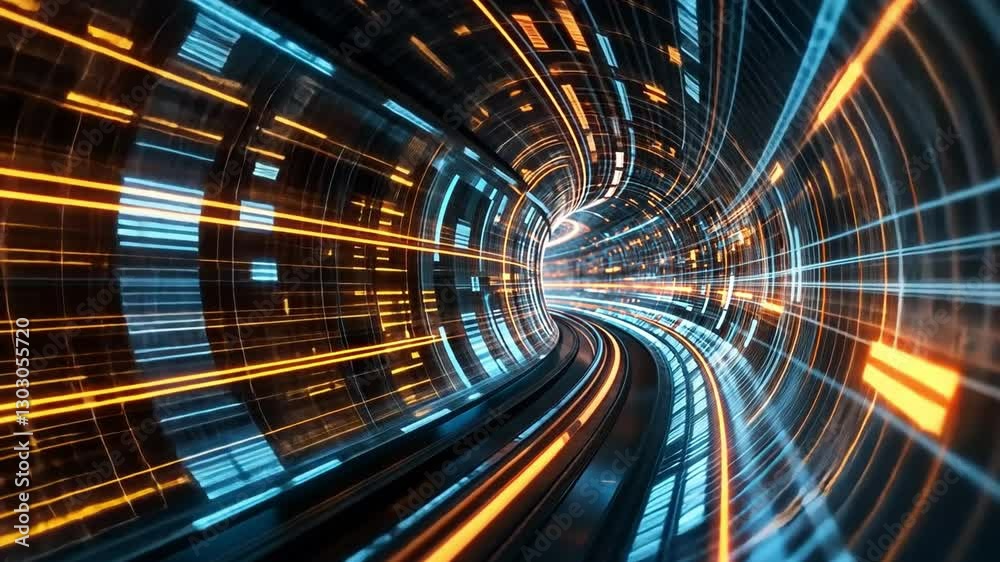 Poster digital data tunnel with high-speed motion effects, futuristic networking background