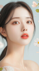 Naklejka premium 꽃에 둘러싸인 젊은 한국 여성의 꿈꾸는 듯한 클로즈업 