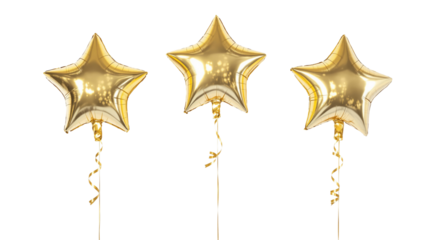 Three golden star-shaped balloons, realistic style, on white background. Concept of celebration. Ai generative