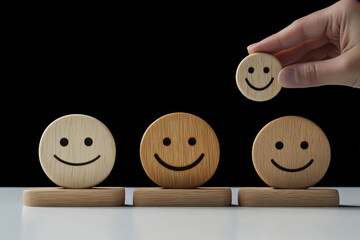 Wooden smiley faces indicating happiness, with a hand placing a small smiley on top, creating an uplifting atmosphere