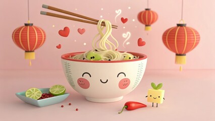 Cheerful Bowl of Noodles Lifting Chopstick Strand with Hearts and Lanterns