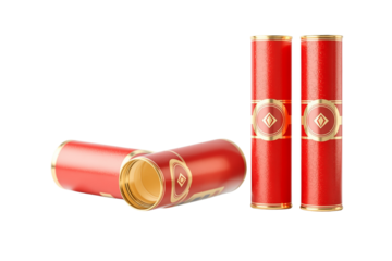 Red cylindrical containers with gold accents, digital art style on white background. Concept of luxury packaging. Ai generative