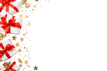 White gift boxes with red ribbons and gold stars on white background. Graphic style. Concept of celebration. Ai generative