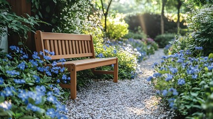 Obraz premium A wooden garden bench offers a summer seat for outdoor relaxation amongst trees
