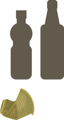 Silhouettes of two plastic bottles and crumpled old plastic cup