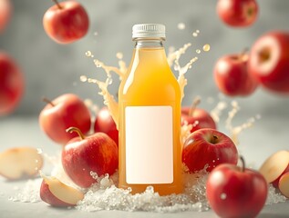 Fresh Apple Juice Bottle with Blank Label Styled with Lively Apple Splashes for Vibrant Mockup