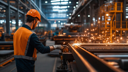 Fototapeta premium A manufacturing plant is filled with automated machines producing high-quality steel, with workers overseeing operations.