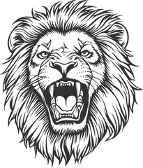 Fototapeta premium Detailed black and white illustration of a roaring lion's head.
