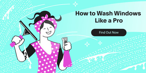 Landing webpage template with Happy female worker cleaning windows