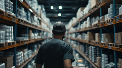 Rows of shelves in a massive warehouse filled with products, with workers efficiently picking and packing orders for shipment.