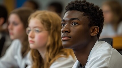 Obraz premium Attentive young man in classroom, listening intently to lecture.