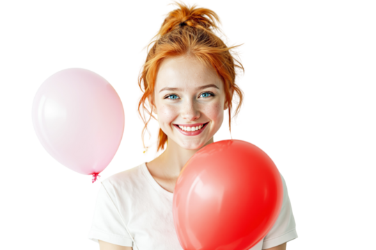 Girl holding pink and red balloons, photo style, white background, concept of celebration. Ai generative