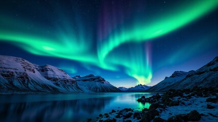 Naklejka premium Stunning Aurora Over Arctic Mountains – A Majestic Display of Winter's Natural Beauty Under a Starry Night Sky
