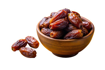 Fresh dates placed in a wooden bowl with some date pieces around it. This photo highlights the natural texture and deliciousness of the dates which are rich in sweetness. The wooden bowl adds a natura