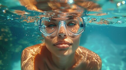 Naklejka premium Underwater Close-Up of Woman With Goggles in Clear Blue Ocean