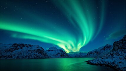 Fototapeta premium Stunning Aurora Over Arctic Mountains – A Majestic Display of Winter's Natural Beauty Under a Starry Night Sky