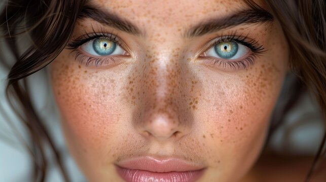 A closeup of a woman with striking blue eyes freckles and dark hair against a soft white background in natural light - Powered by Adobe