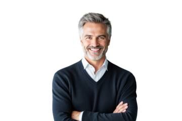 Business professional in sweater, photo, white background, concept of leadership. Ai generative