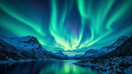 Fototapeta premium Mesmerizing Northern Lights Reflected Over a Frozen Arctic Lake – A Spectacular Natural Phenomenon Under the Night Sky