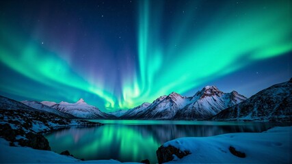 Mesmerizing Northern Lights Reflected Over a Frozen Arctic Lake &ndash; A Spectacular Natural Phenomenon Under the Night Sky