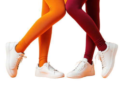 Legs in orange and red leggings with white sneakers on white background. Minimalist style. Concept of fashion. Ai generative