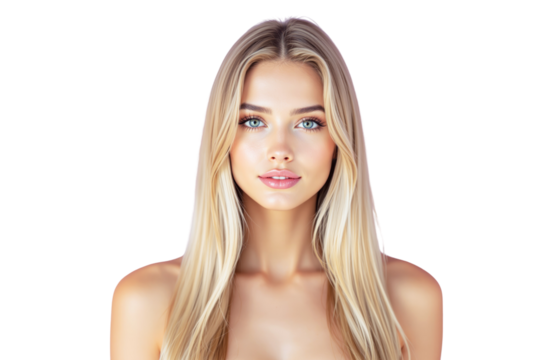 Blonde woman with long hair, realistic style, white background, concept of beauty. Ai generative