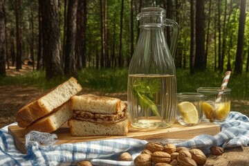 Outdoor Picnics A picnic setup featuring sandwiches, a glass bottle, and lemon slices in a forest setting.