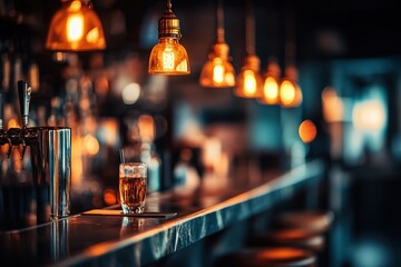 Drink with ice in glass cup on black marble bar counter. On blurred background bottle lamp. Warm lighting. Bad habits concept