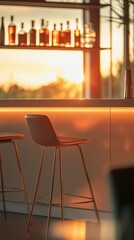 Stylish bar stool near the bar counter. In the background in blur bottles with drinks on glass shelves. Warm lighting. Vertical. Concept relaxation