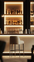 Stylish leather bar stool near light bar counter. In the background in blur bottles with drinks on glass shelves. Warm lighting. Vertical. Lifestyle concept