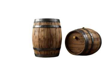 Two wooden barrels, realistic style, white background. Concept of storage. Ai generative