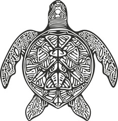 Naklejka premium Ornate black and white turtle illustration with intricate shell patterns.