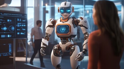 Humanoid robots interacting with humans in a high-tech office