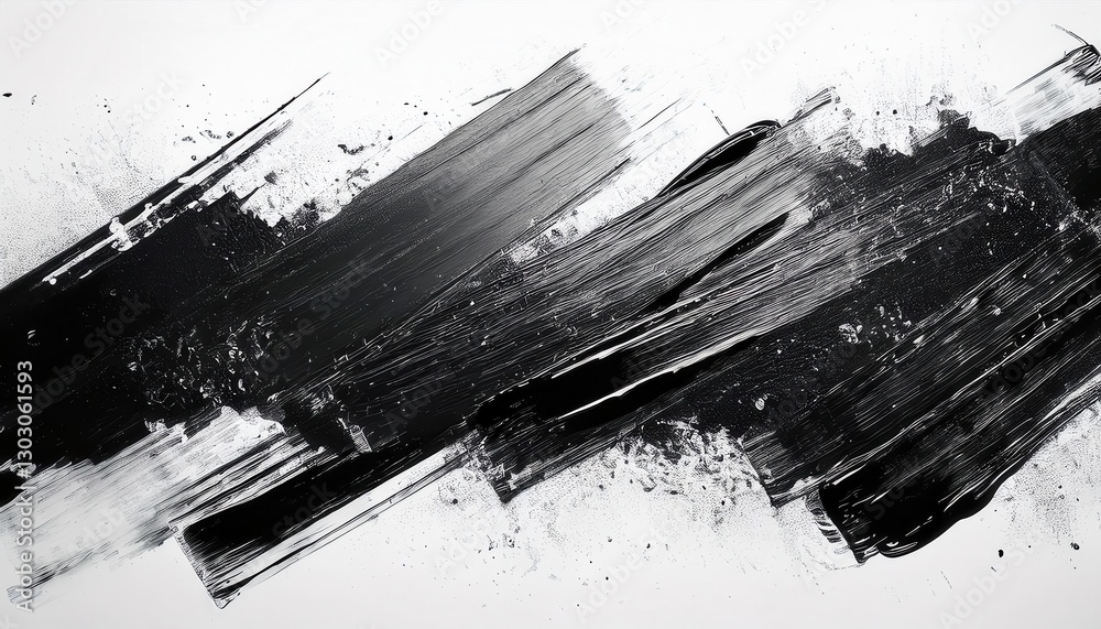 Poster dynamic black brushstroke abstraction with textured splashes on white background, modern minimalist art for decor, digital painting aesthetic