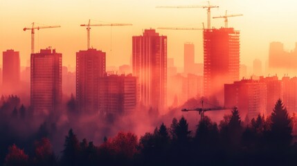 Urban Landscape at Sunset with Machinery in Motion