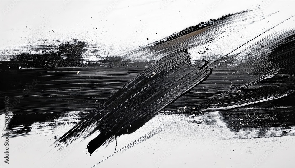 Poster dynamic black brushstroke abstraction with textured splashes on white background, modern minimalist art for decor, digital painting aesthetic