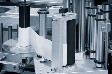 Fragment of the conveyor of sticking labeling machine for packaging food products or pharmaceuticals. Abstract industrial background.