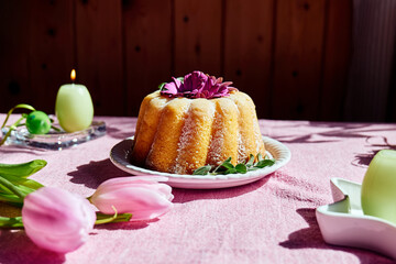 Easter cake decorated with icing sugar and daisy flowers on the table with easter eggs and tulips on  pink tablecloth. Traditional easter cake or sweet bread with topping. Easter treat.