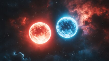 Naklejka premium A binary star system glowing in shades of red and blue, surrounded by cosmic gas clouds