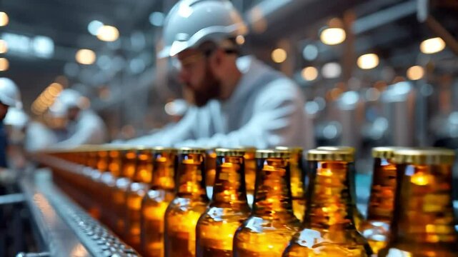 Conveyor with beer bottles at the brewery, a worker in a helmet controls the process. Ai generated
