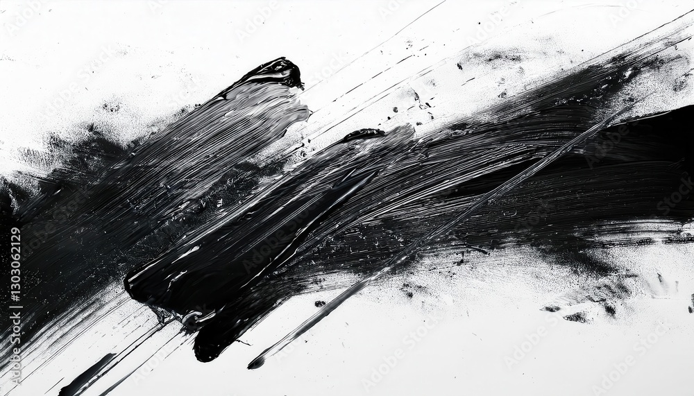 Poster dynamic black brushstroke abstraction with textured splashes on white background, modern minimalist art for decor, digital painting aesthetic