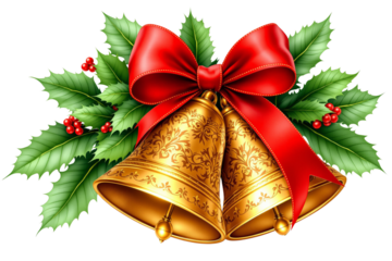 Golden bells with red ribbon and holly leaves on white background. Festive holiday concept. Ai generative