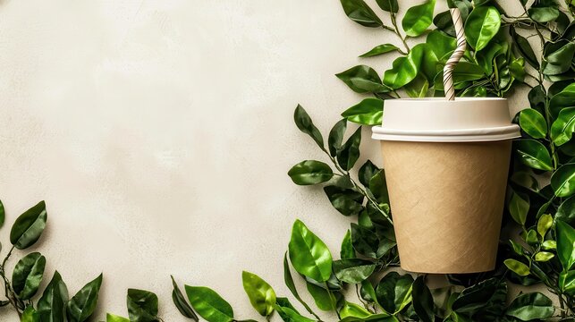 Elegant Coffee Cup Design Surrounded by Fresh Green Leaves on a Neutral Background for Natural Aesthetic