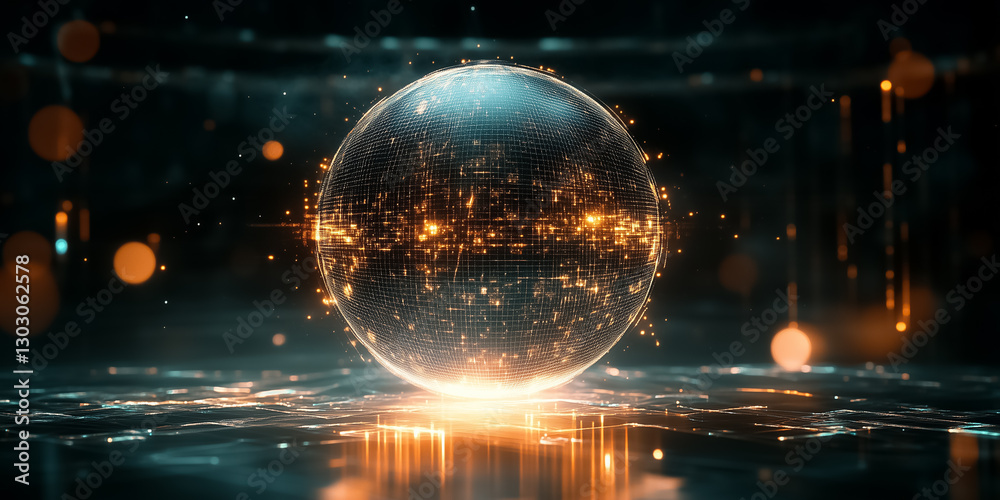 Poster a spherical data matrix bursts with colorful patterns, shifting fluidly in a digital environment. th