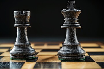 Close-up of black king and rook on chessboard capturing strategic game tension